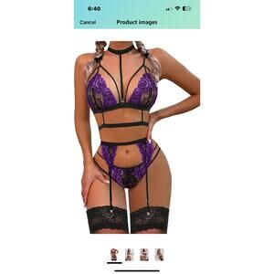 Avidlove Purple Size M Lingerie Set Lace Teddy Strap Babydoll &Garter Belts